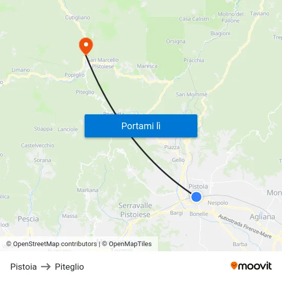 Pistoia to Piteglio map