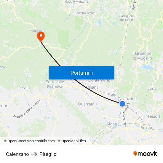 Calenzano to Piteglio map