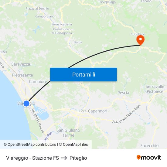 Viareggio Stazione FS to Piteglio map