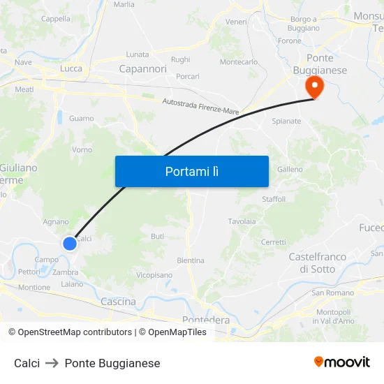 Calci to Ponte Buggianese map