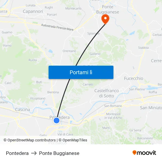 Pontedera to Ponte Buggianese map