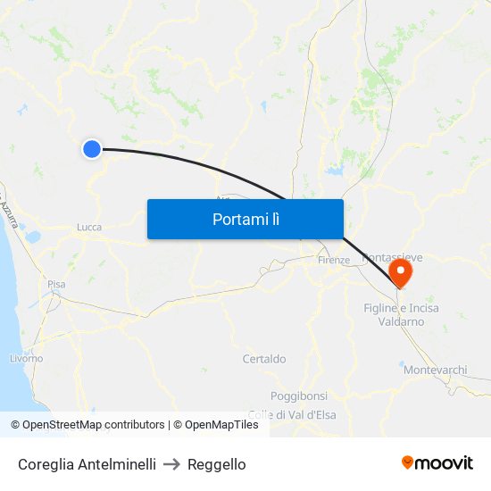 Coreglia Antelminelli to Reggello map