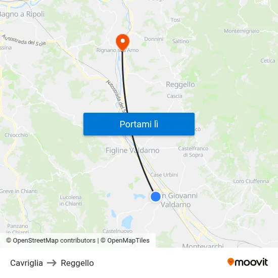 Cavriglia to Reggello map