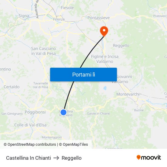 Castellina In Chianti to Reggello map