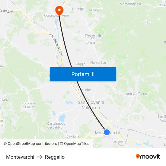 Montevarchi to Reggello map