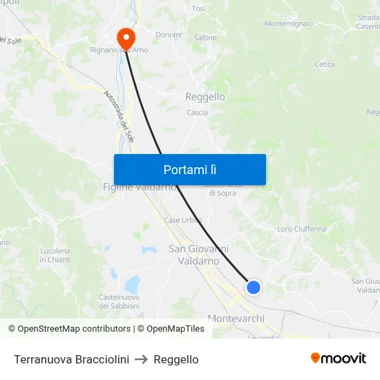 Terranuova Bracciolini to Reggello map