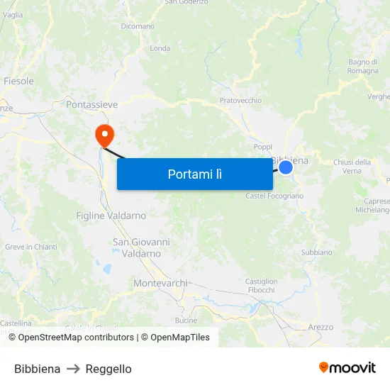 Bibbiena to Reggello map
