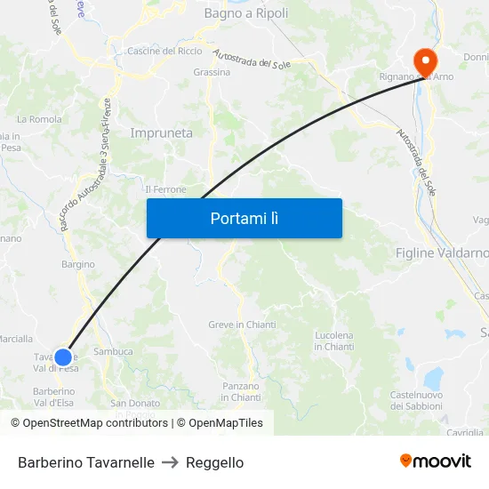 Barberino Tavarnelle to Reggello map