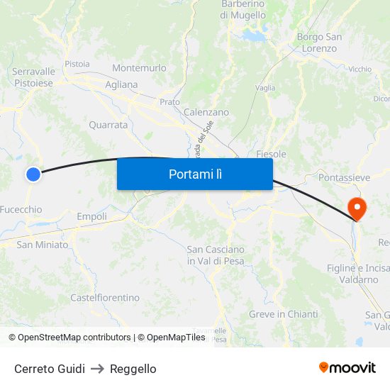 Cerreto Guidi to Reggello map