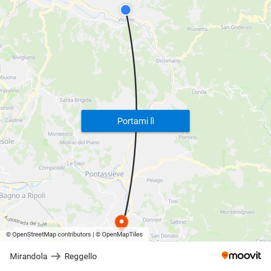 Mirandola to Reggello map