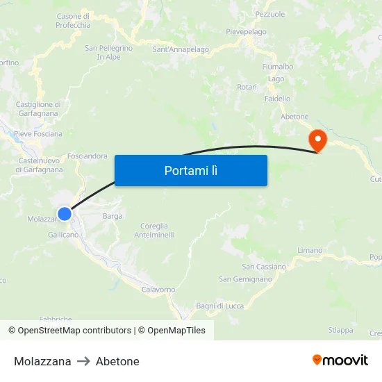 Molazzana to Abetone map