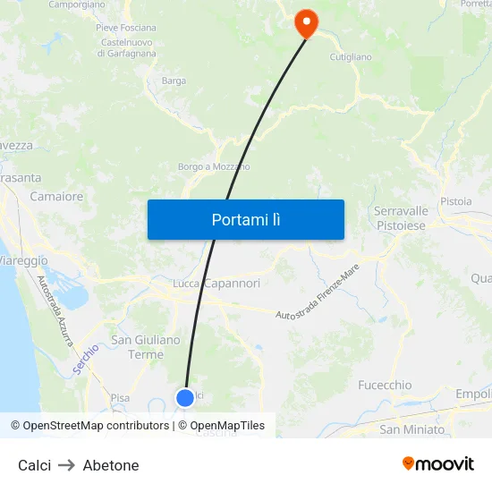 Calci to Abetone map