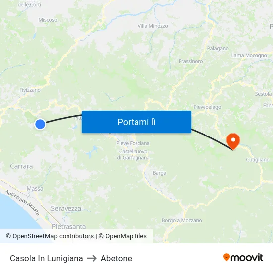 Casola In Lunigiana to Abetone map