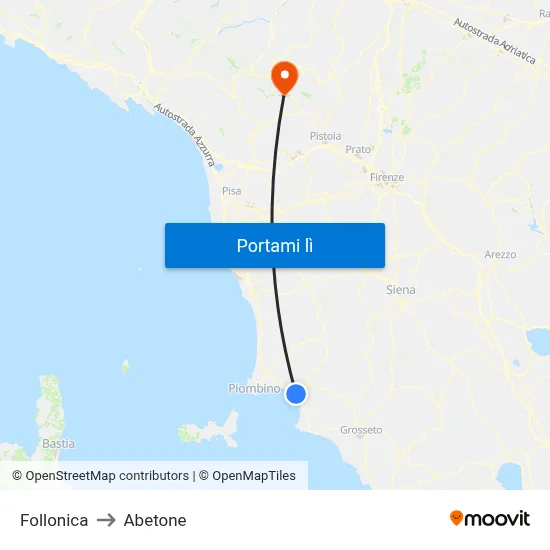 Follonica to Abetone map