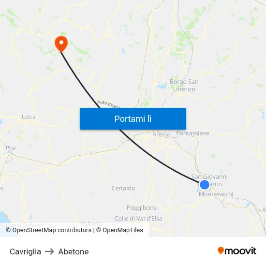 Cavriglia to Abetone map