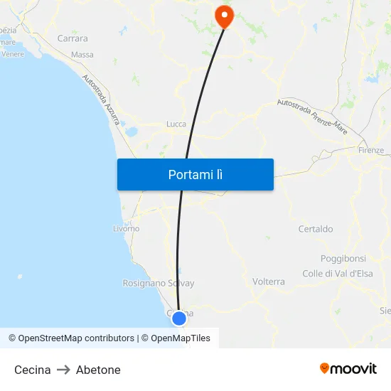 Cecina to Abetone map