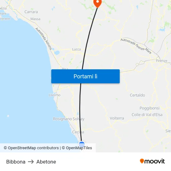 Bibbona to Abetone map