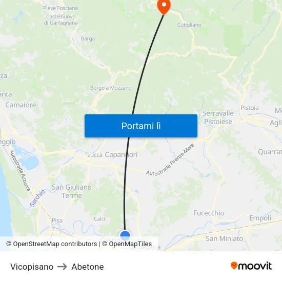 Vicopisano to Abetone map