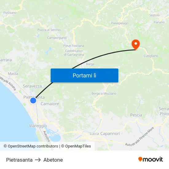 Pietrasanta to Abetone map