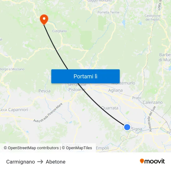Carmignano to Abetone map