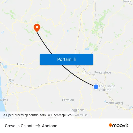 Greve In Chianti to Abetone map