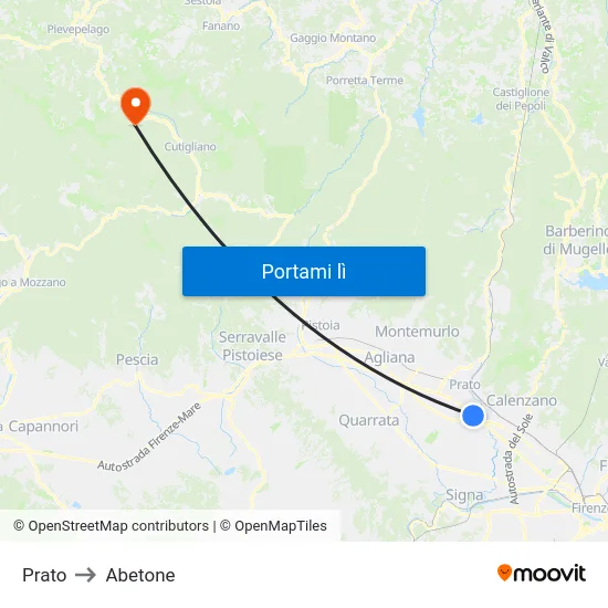 Prato to Abetone map