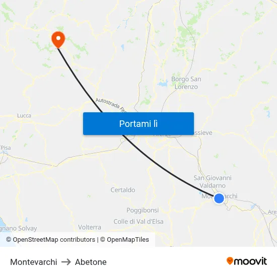 Montevarchi to Abetone map