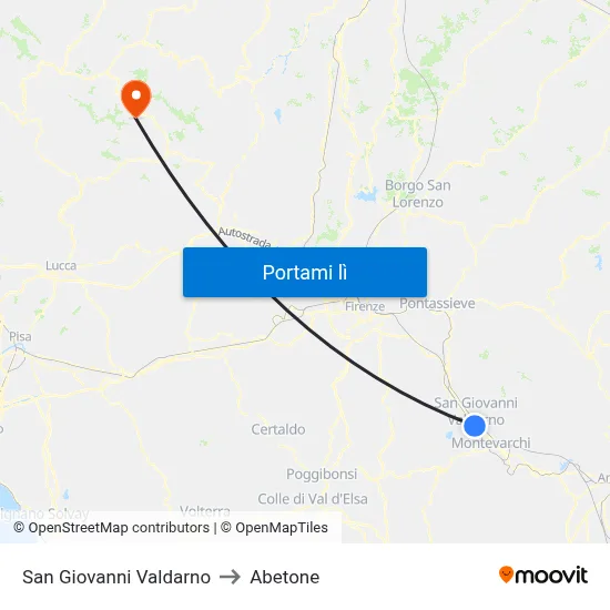 San Giovanni Valdarno to Abetone map