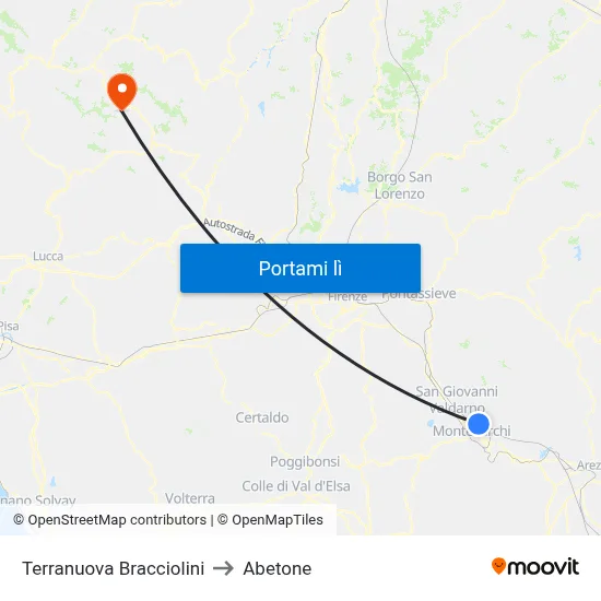 Terranuova Bracciolini to Abetone map