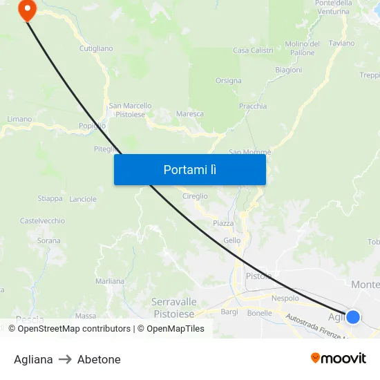 Agliana to Abetone map