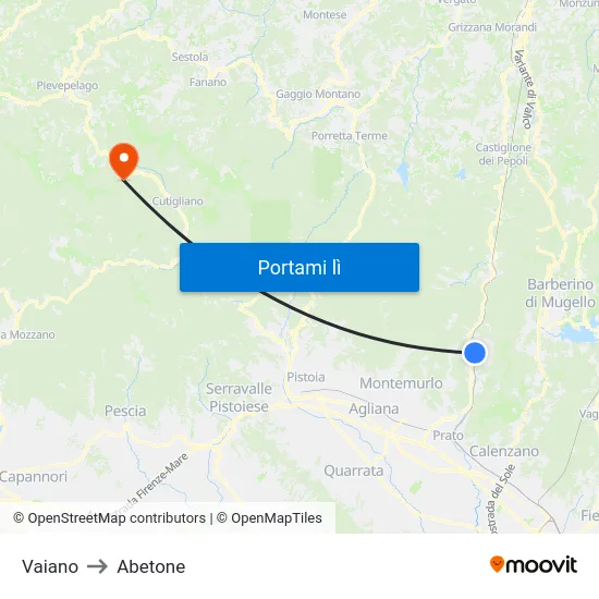 Vaiano to Abetone map