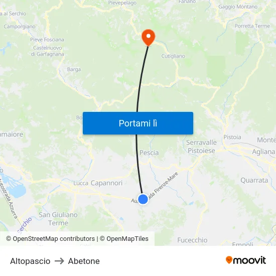 Altopascio to Abetone map