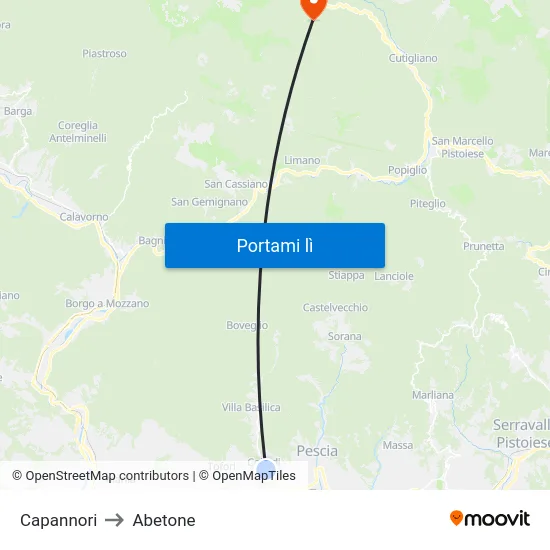 Capannori to Abetone map