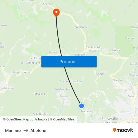 Marliana to Abetone map