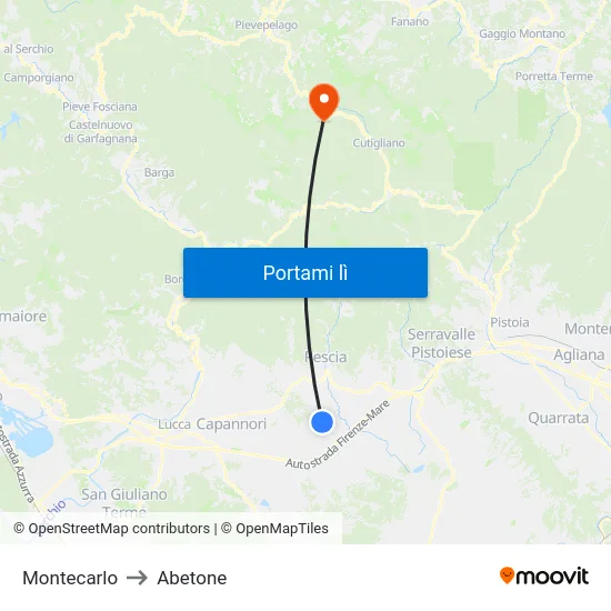 Montecarlo to Abetone map