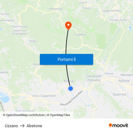 Uzzano to Abetone map