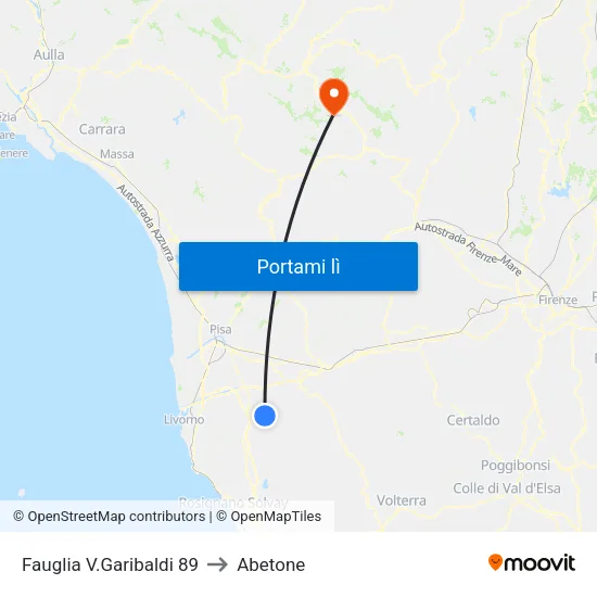 Fauglia V.Garibaldi 89 to Abetone map