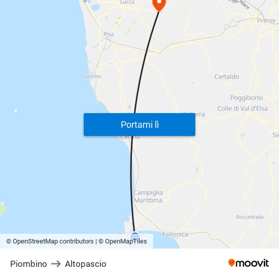 Piombino to Altopascio map