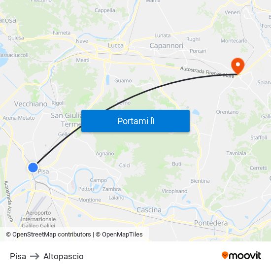 Pisa to Altopascio map