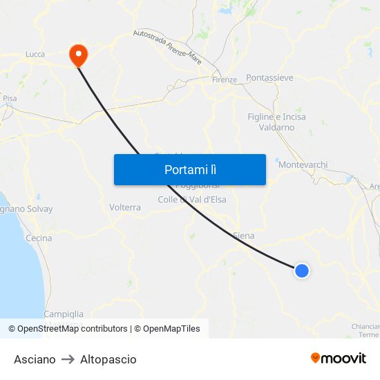 Asciano to Altopascio map