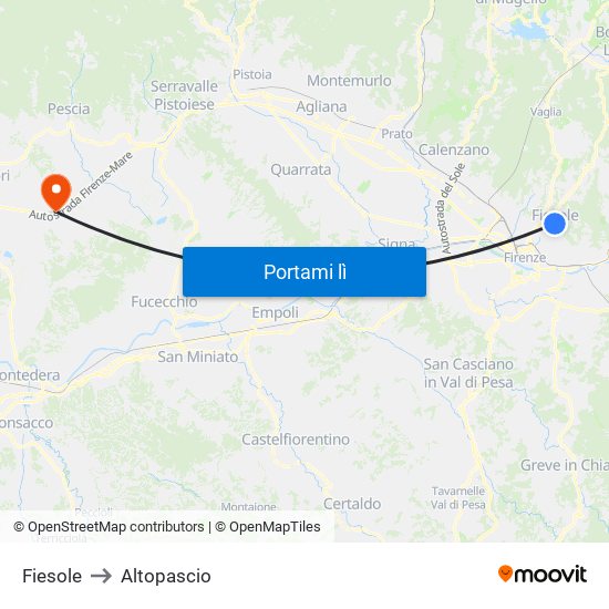 Fiesole to Altopascio map