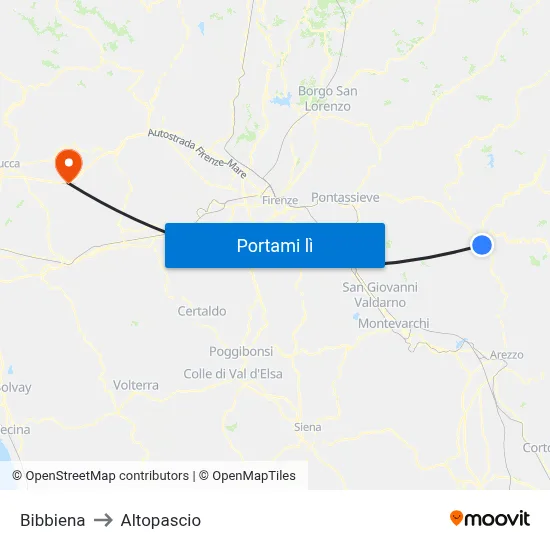 Bibbiena to Altopascio map