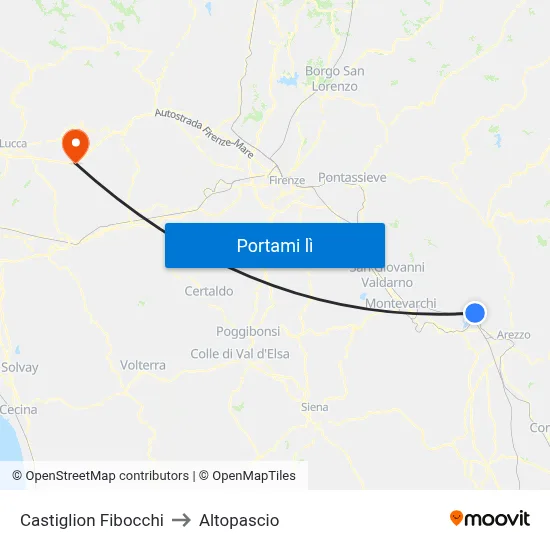 Castiglion Fibocchi to Altopascio map