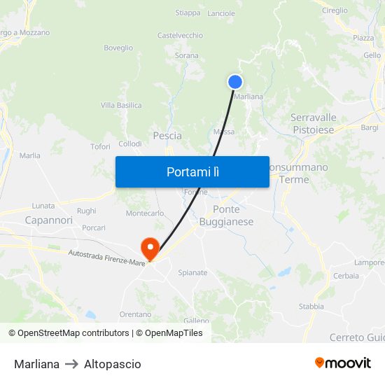 Marliana to Altopascio map