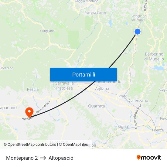 Montepiano 2 to Altopascio map