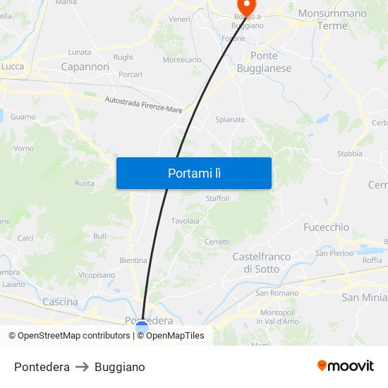 Pontedera to Buggiano map