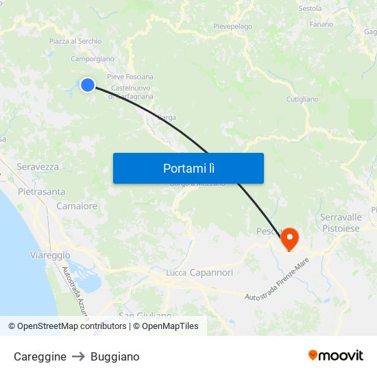 Careggine to Buggiano map