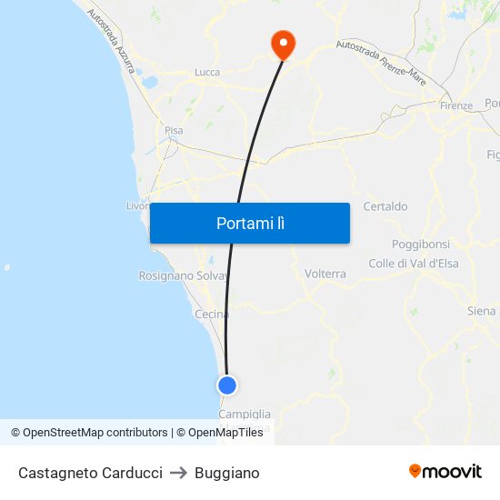 Castagneto Carducci to Buggiano map