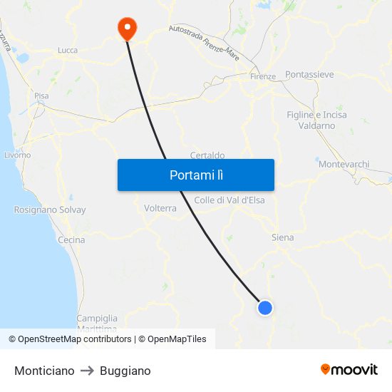 Monticiano to Buggiano map