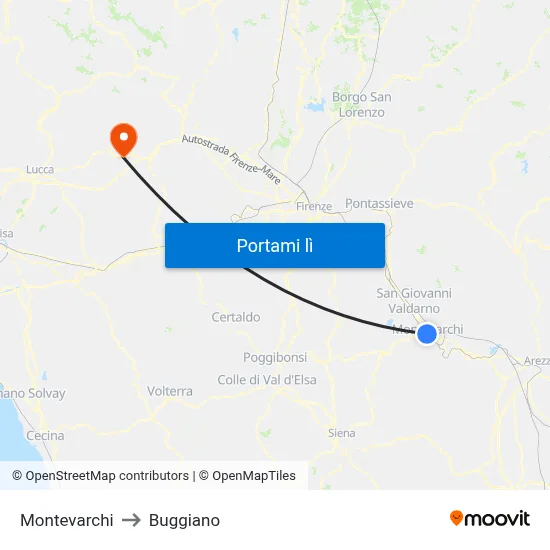 Montevarchi to Buggiano map